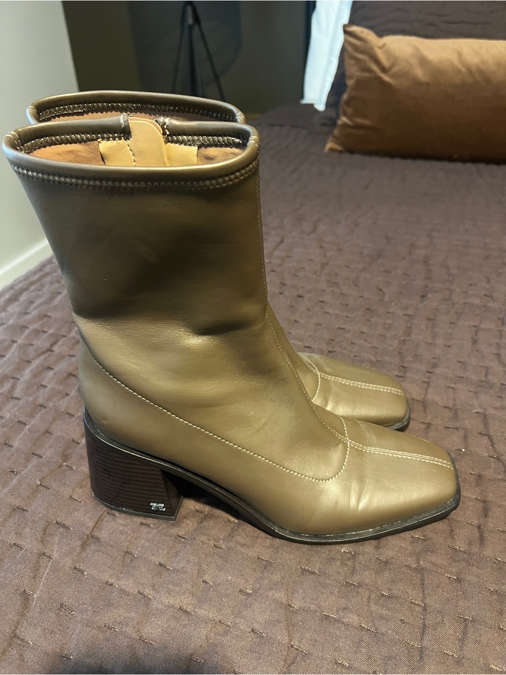 Sam Edelman Olive/Taupe Mid-Calf Square-Toe Block Heel Boots